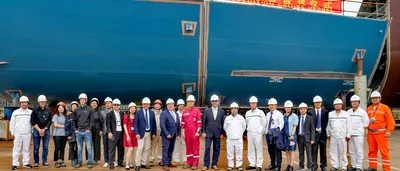 Representatives at the keel lay ceremony on SunStone number 7, an ULSTEIN CX103 expedition cruise ship design