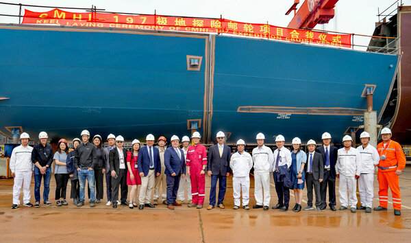 Representatives at the keel lay ceremony on SunStone number 7, an ULSTEIN CX103 expedition cruise ship design