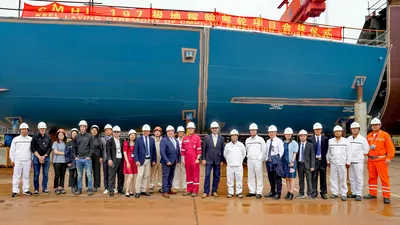 Representatives at the keel lay ceremony on SunStone number 7, an ULSTEIN CX103 expedition cruise ship design