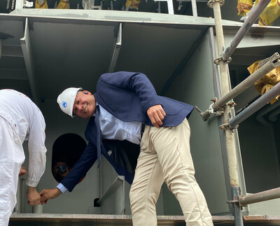 Keel lay ceremony Douglas Dawson, an ULSTEIN CX103 expedition cruise ship design
