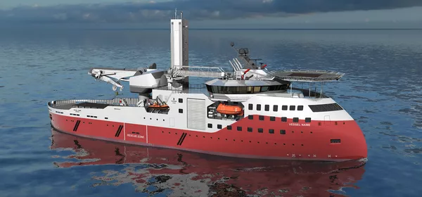 A multipurpose offshore vessel seen from starboard low side