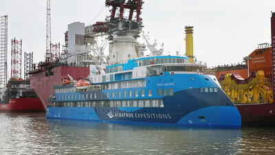 The CX103 expedition cruise vessel Ocean Albatros quayside after sea trial