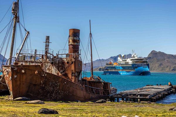 Ocean Victory at the old Grytviken whaling station. Photo: Albatros Expeditions.