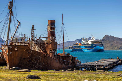 Ocean Victory at the old Grytviken whaling station. Photo: Albatros Expeditions.
