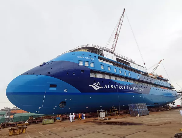 At the launching ceremony of the ULSTEIN CX103, expedition cruise vessel, Ocean Albatros.