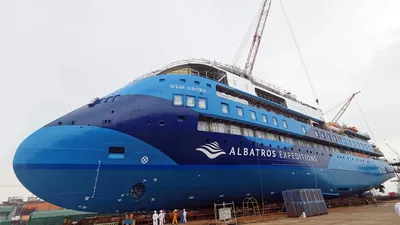 At the launching ceremony of the ULSTEIN CX103, expedition cruise vessel, Ocean Albatros.