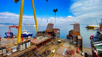Detail photo of the aft part of the Bluewild trawler.