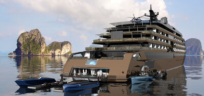 Beach club aft on the CX136 in connection with marina for sporting activities.