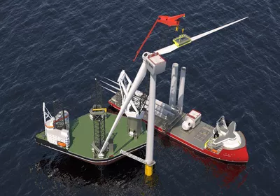 Offshore wind duo; An ULSTEIN J104 jack-up working together with an ULSTEIN HX104 feeder vessel.