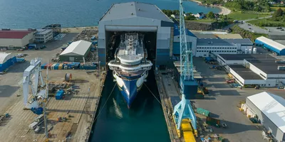 After months out of sight in the dock hall at Ulstein Verft, Norway, the 126-passenger expedition cruise vessel ‘National Geographic Resolution’ for Lindblad Expeditions was docked out on 8th June 2021. Photo: Ulstein Group/Per Eide Studio