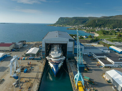 After months out of sight in the dock hall at Ulstein Verft, Norway, the 126-passenger expedition cruise vessel ‘National Geographic Resolution’ for Lindblad Expeditions was docked out on 8th June 2021. Photo: Ulstein Group/Per Eide Studio