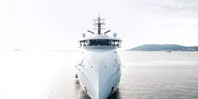 Closeup of the 'Olivia O' X-BOW yacht.