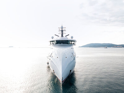 Closeup of the 'Olivia O' X-BOW yacht.