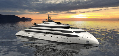 An ULSTEIN CX126 yacht as seen from Star Board Fore side.