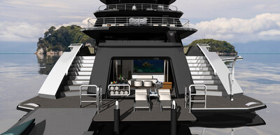 Aft view of an ULSTEIN CX128 yacht. She has large outside lounging areas, perfect for water activities with aft beach club close to the waterline.