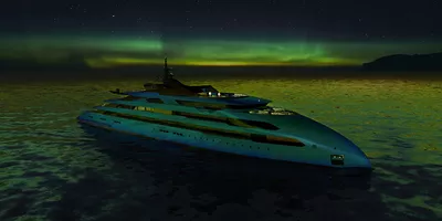 An ULSTEIN CX123 yacht under the Aurora Borealis