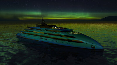 An ULSTEIN CX123 yacht under the Aurora Borealis