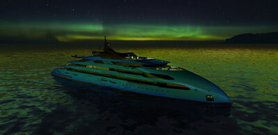 An ULSTEIN CX123 yacht under the Aurora Borealis