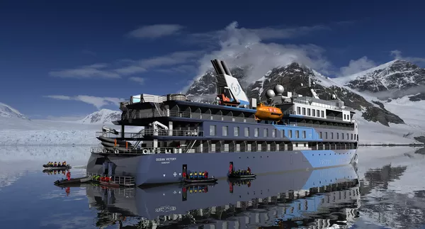 A designer's illustration of the Ocean Victory expedition cruise vessel.