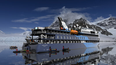 A designer's illustration of the Ocean Victory expedition cruise vessel.