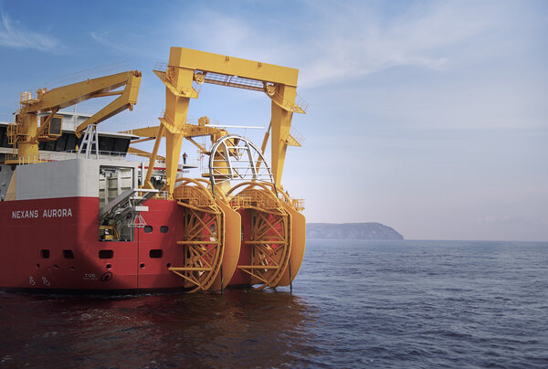 3D illustration of the A-frame installed on the CLV vessel 'Nexans Aurora', illustration courtesy by Nexans.
