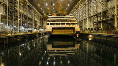 The NG Resolution being transported to the controlled environment in the Ulstein Verft dock hall. Photo: Daniel Osnes.