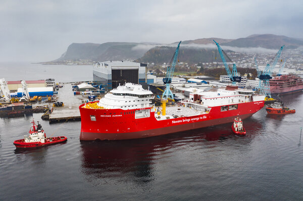 Nexans Aurora having been launched from the dock hall at Ulstein Verft. (Fotograf Hagen)