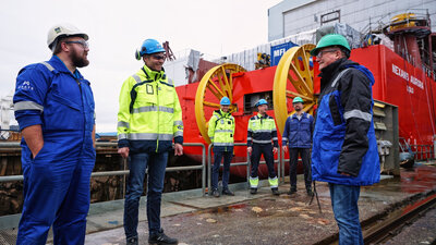 The Nexans Aurora project managers from Maats, Nexans and Ulstein Verft, respectively, meeting up to inspect the installations.