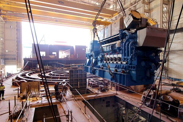The third of six diesel engines heading for its final position on the Nexans Aurora.