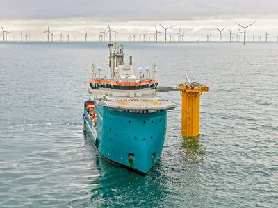 The offshore wind vessel Acta Centaurus at work in offshore wind park. Photo: Flying Focus.