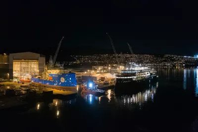 The two ongoing projects, Yno 315 and yno 312 side by side at Ulstein Verft, photo taken at float-out Yno 315 on Friday 7 February 2020. Photo: Uavpic.com