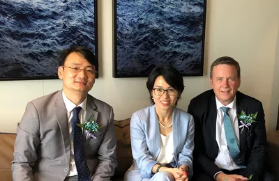Some of the Ulstein representatives on board the vessel after the naming ceremony, from left Kirk Du, Lucy Lu and Lars Ståle Skoge.