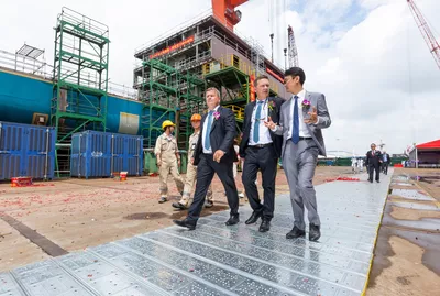 Trond Gundersby, Lars Ståle Skoge and Kirk Du at the keel laying ceremony for Ocean Victory.