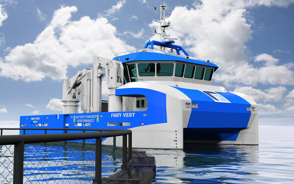 Frøy Vest sin nye hybride arbeidsbåt for havbruksnæringa, illustrasjon ved Tomra Engineering.