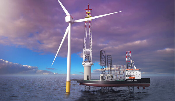 The J102 ULSTEIN JACK-UP vessel installing a future 15MW offshore wind turbine.