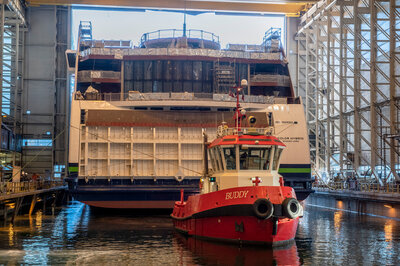 The 'Color Hybrid' being transported out of the dock hall. (Photo: Per Eide Studio)