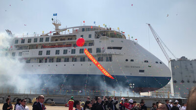 Fireworks at the launch ceremony of Sun Stone's 'Greg Mortimer' polar vessel.