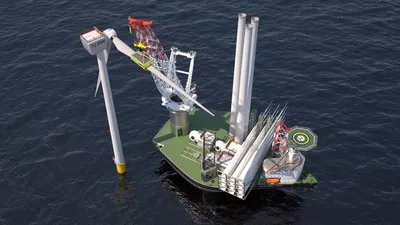 Top view of an ULSTEIN J102 jack-up vessel installing wind turbines.
