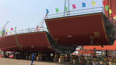 The keel being laid for one of the SunStone Ships expedition cruise vessel at CMHI in China.