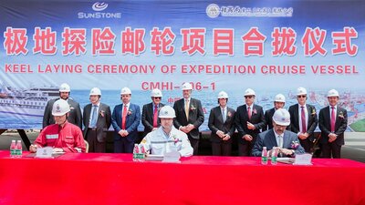 Signing of documents at the 'Greg Mortimer' keel laying ceremony (photo CMHI).