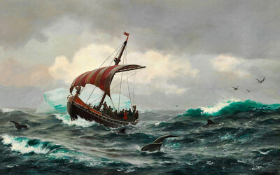 Viking Explorers off the coast of Greenland, a 19th century painting by Carl Rasmussen.