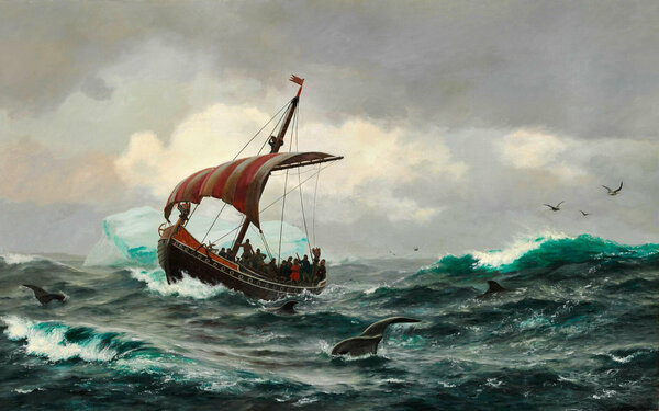 Viking Explorers off the coast of Greenland, a 19th century painting by Carl Rasmussen.