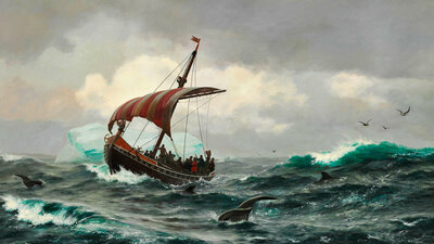 Viking Explorers off the coast of Greenland, a 19th century painting by Carl Rasmussen.