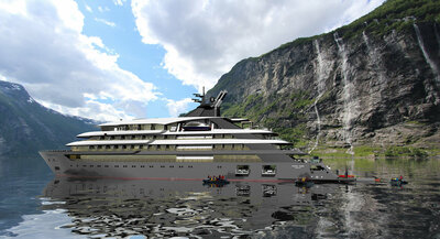 A C113 classic line expedition cruise ship by Ulstein in the Geiranger fjord, zodiacs on the water.