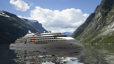 A CX111 exploration cruise vessel, here seen in the Geiranger fjord.
