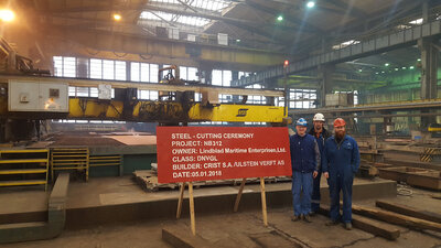 Steelcutting supervisors at the Lindblad Expeditions-National Geographic newbuild project, from left Marek Lewczuk, Janusz Stechly and Ole Osnes Gjerde.