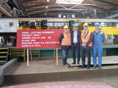 The steel cutting ceremony on 14 July marked the production start of Ulstein Verft's yard number 311. From left, Roar Riise and Jarle Åsemyr (Ulstein Verft), Jan Helge Pile (Color Line) and Krzysztof Kacznarek (Crist).