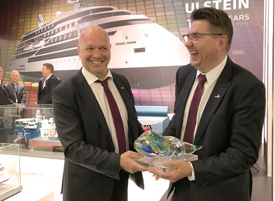 Ulstein Verft sales representatives Rolf Petter Almli and Kristian Sætre celebrating the Next Generation Ship Award 2017.
