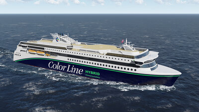 Color Line plug-in hybrid vessel seen from the starboard side.