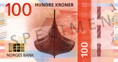 The Metric System's winner concept of the next 100 krone note, showing the Gokstad viking ship and the X-BOW hull line design from Ulstein.